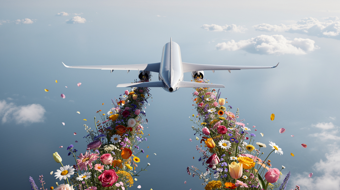 A private jet flying above the clouds, trailing two streams of colourful wildflowers instead of contrails, symbolising cleaner fuel across transport