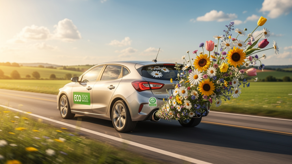 A car on a sunlit countryside road with a green ECO 100% BIOFUELS sticker and a bouquet of wildflowers flowing from the back, symbolising clean energy from renewable sources